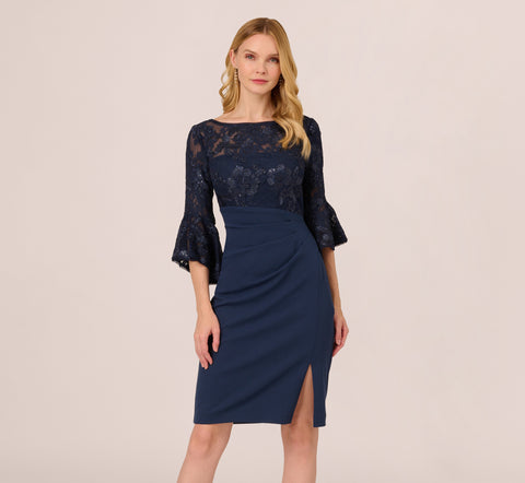 Sequin Floral Lace Dress With Sheer Bell Sleeves In Navy