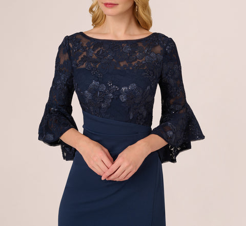 Sequin Floral Lace Dress With Sheer Bell Sleeves In Navy