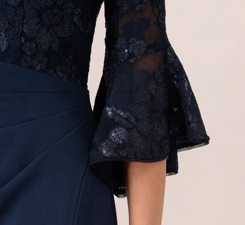 Sequin Floral Lace Dress With Sheer Bell Sleeves In Navy