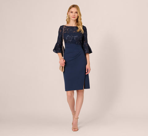 Sequin Floral Lace Dress With Sheer Bell Sleeves In Navy – Adrianna Papell