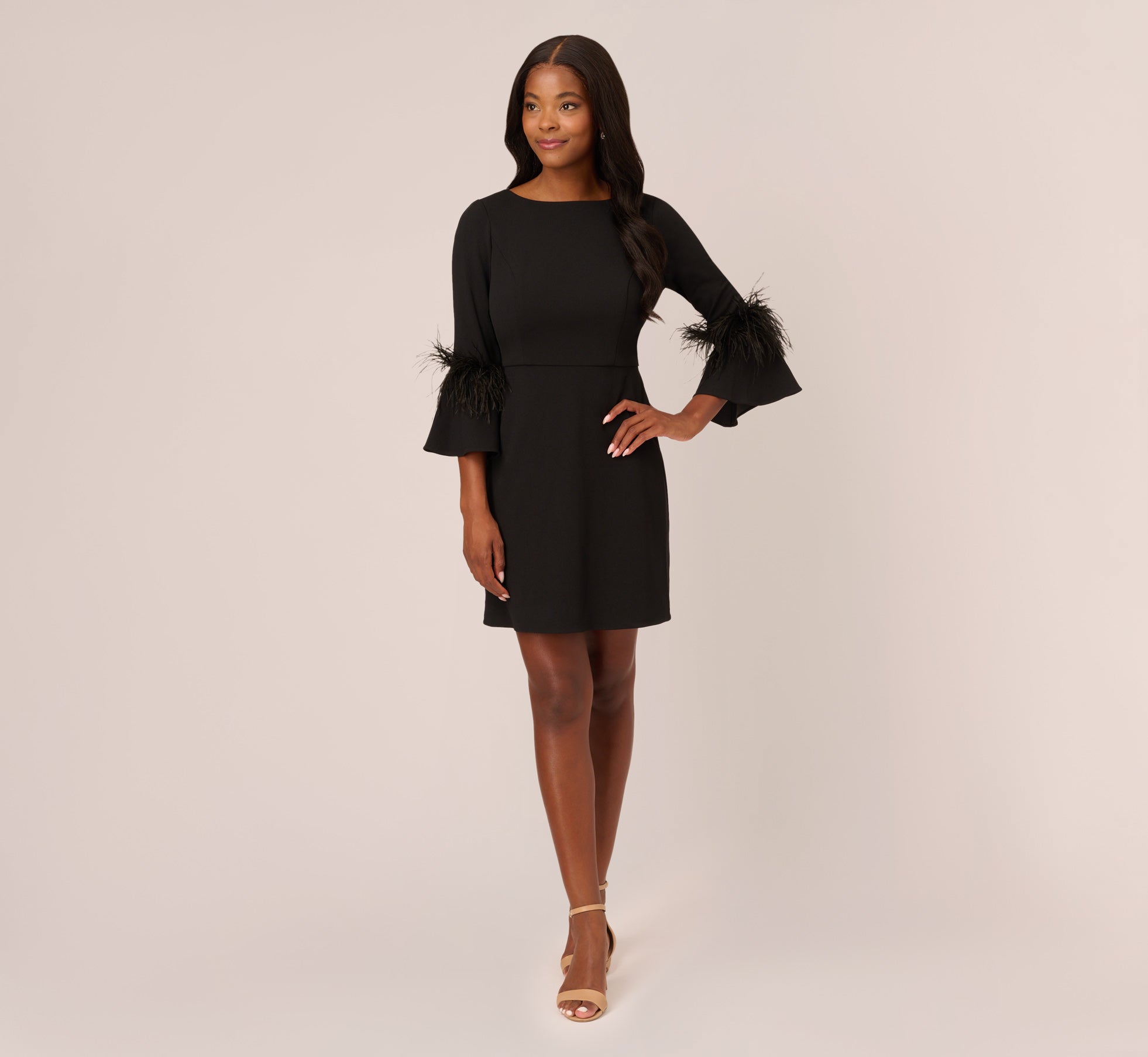 Crepe A Line Dress With Feather Trimmed Sleeves In Black