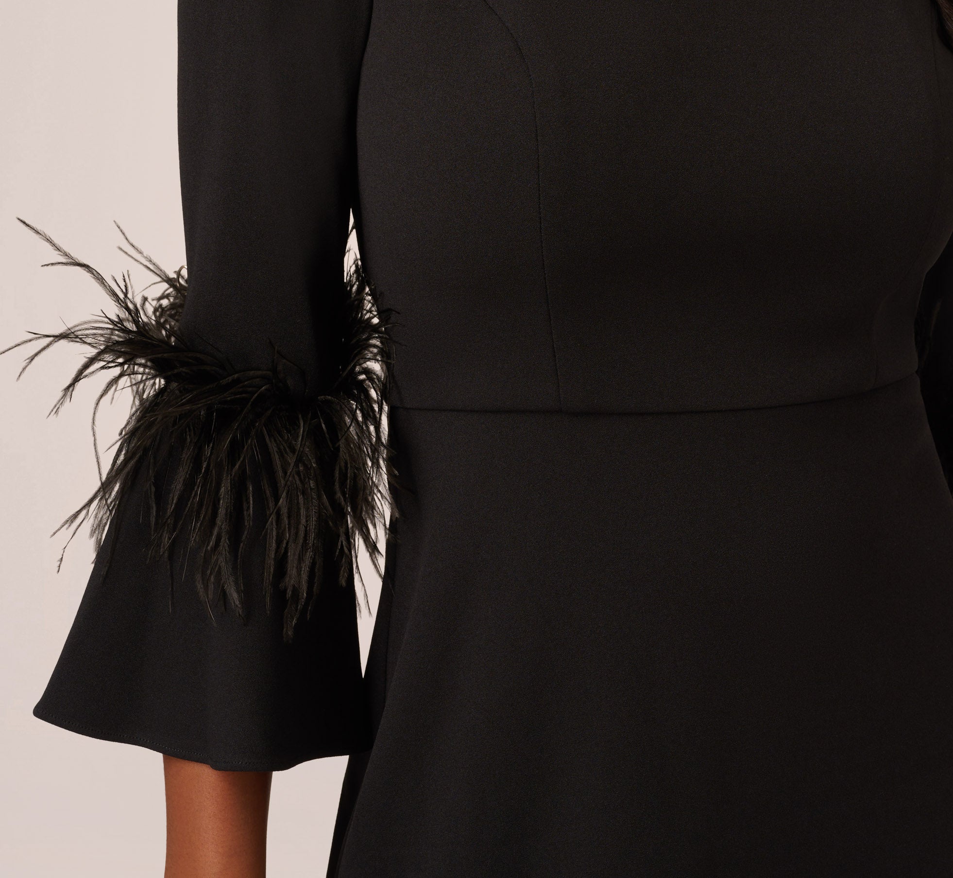 Crepe A Line Dress With Feather Trimmed Sleeves In Black