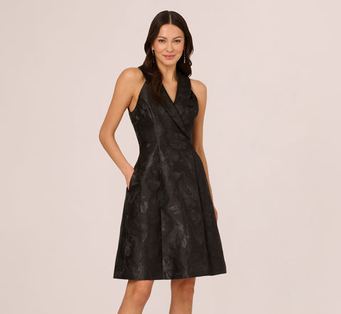 Jacquard Tuxedo Midi Dress With Surplice Neckline In Black