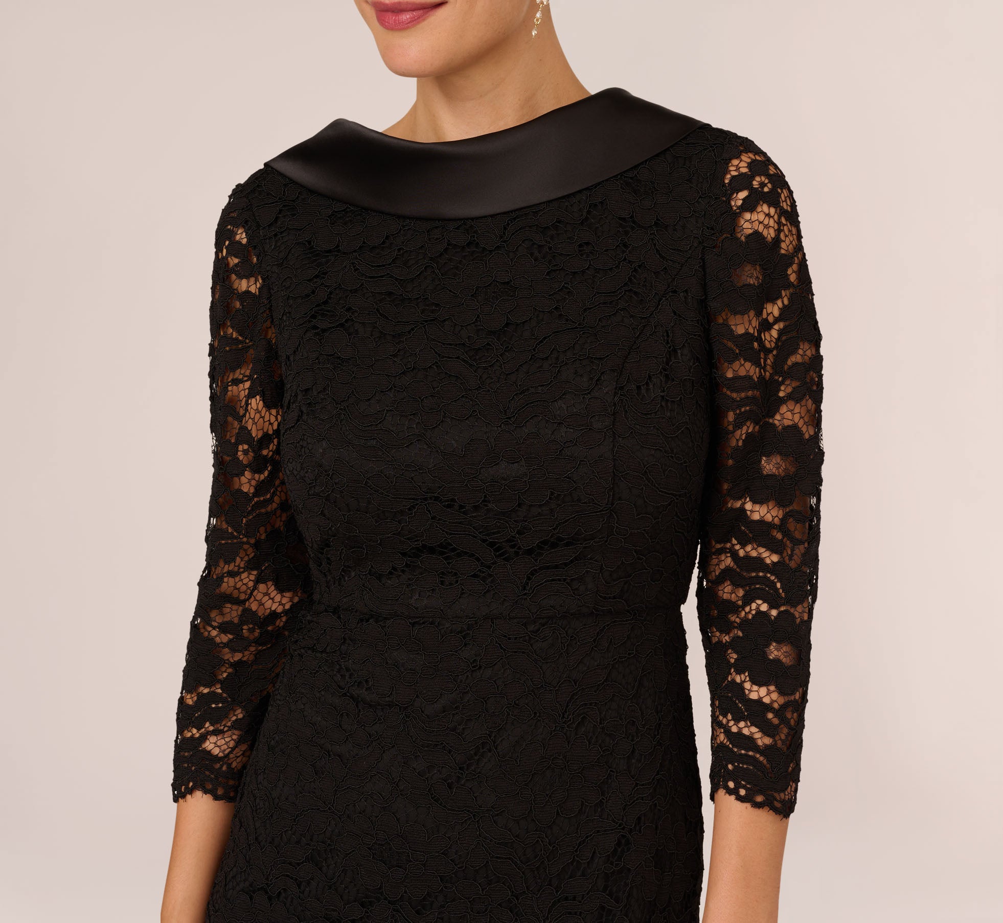 Roll Neck Lace Dress With Sheer Elbow Sleeves In Black Adrianna