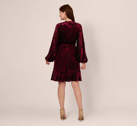 Velvet Burnout Faux Wrap Dress With Long Bishop Sleeves In Burgundy Black