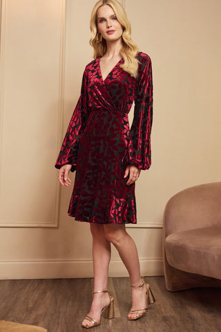 Velvet Burnout Faux Wrap Dress With Long Bishop Sleeves In Burgundy Black