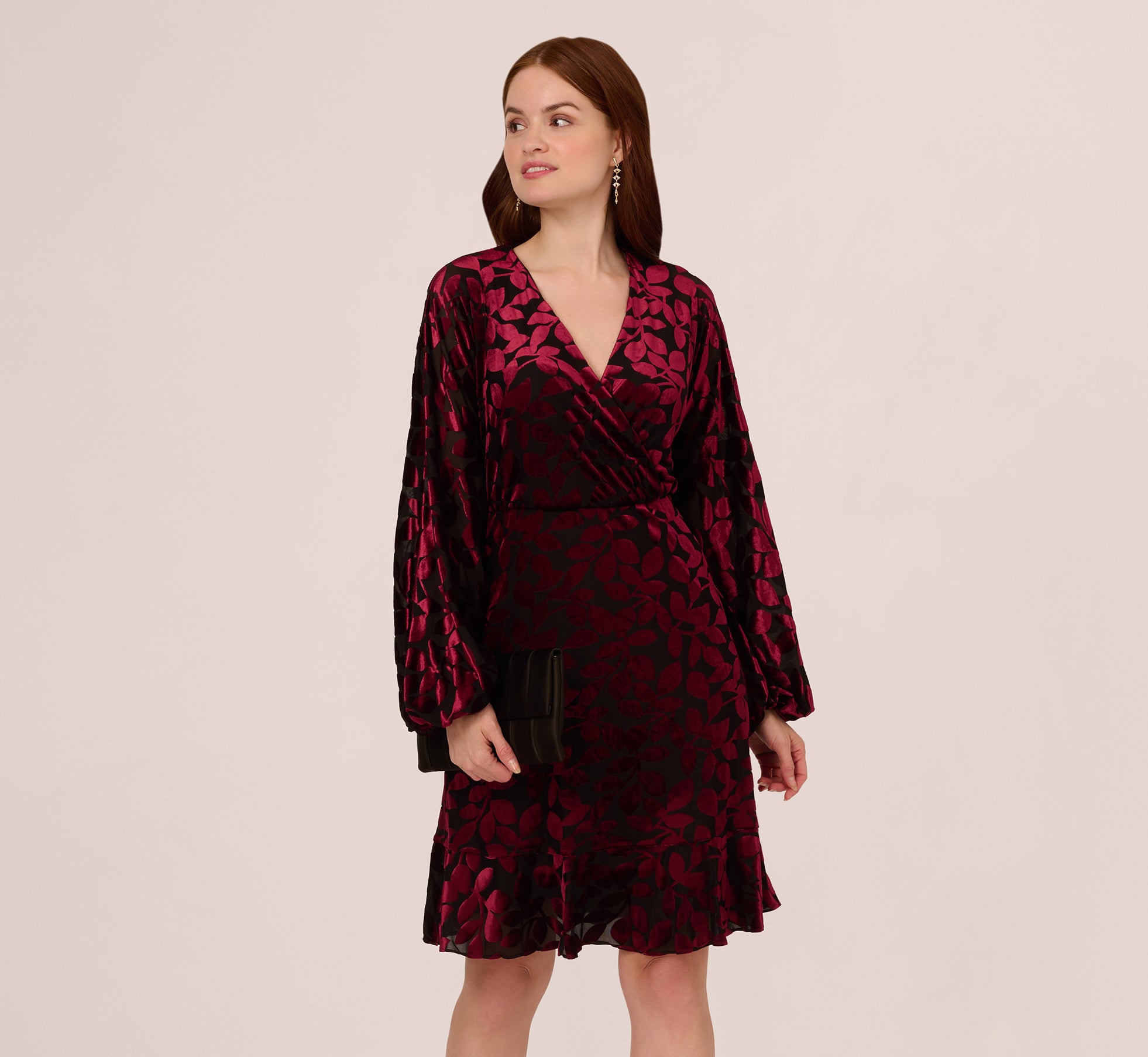 Velvet Burnout Faux Wrap Dress With Long Bishop Sleeves In Burgundy Black 1