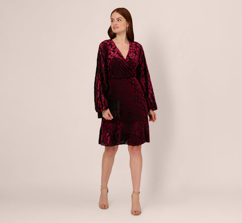 Velvet Burnout Faux Wrap Dress With Long Bishop Sleeves In Burgundy Black