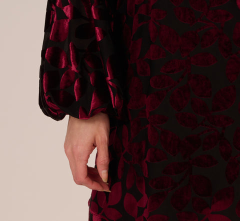 Velvet Burnout Faux Wrap Dress With Long Bishop Sleeves In Burgundy Black