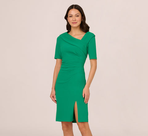 Short Sleeves Sheath Dress With Asymmetrical Neckline In Vivid Green