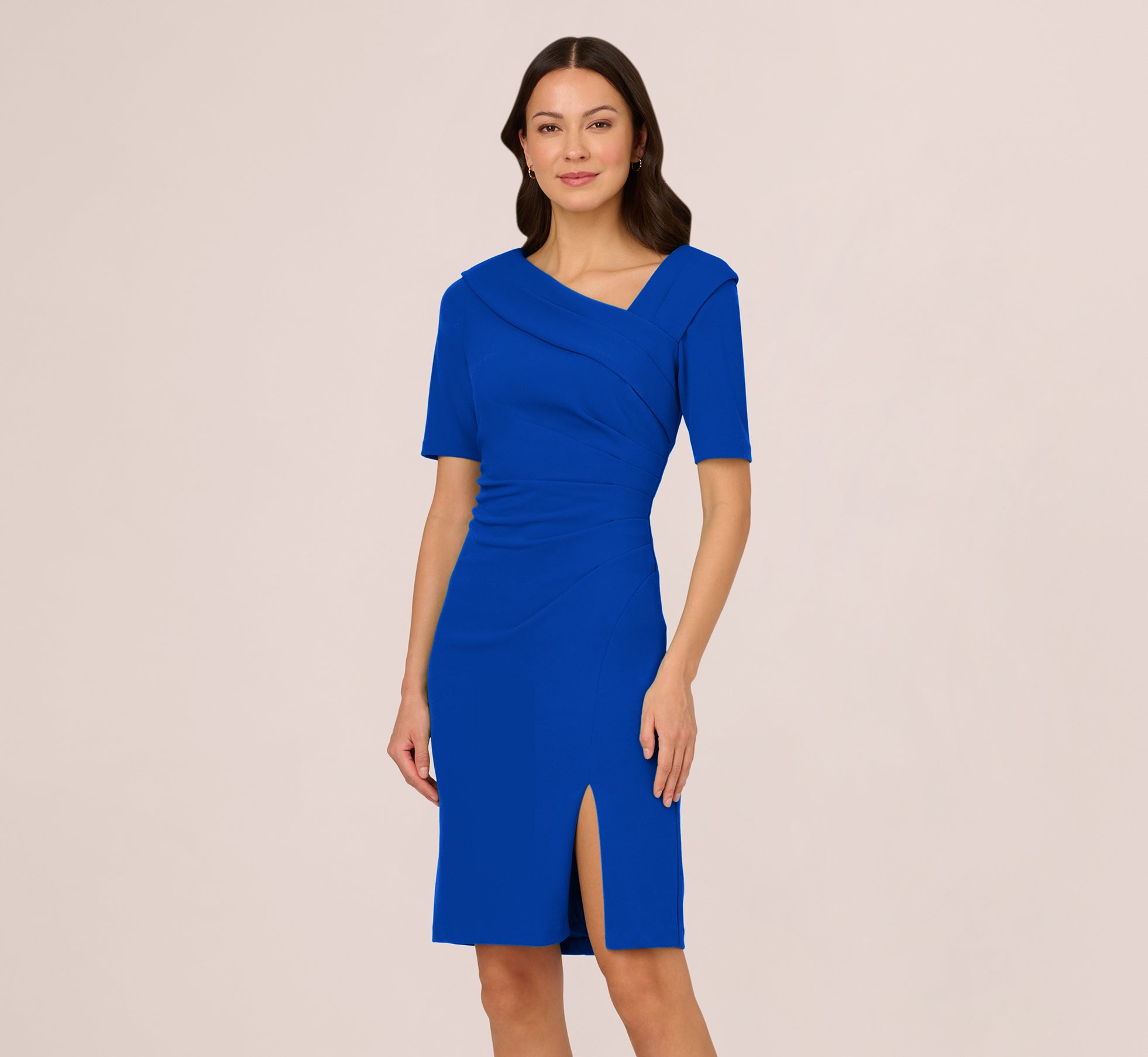 Short Sleeves Sheath Dress With Asymmetrical Neckline In Violet Cobalt 1