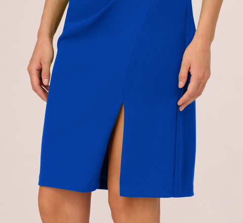 Short Sleeves Sheath Dress With Asymmetrical Neckline In Violet Cobalt