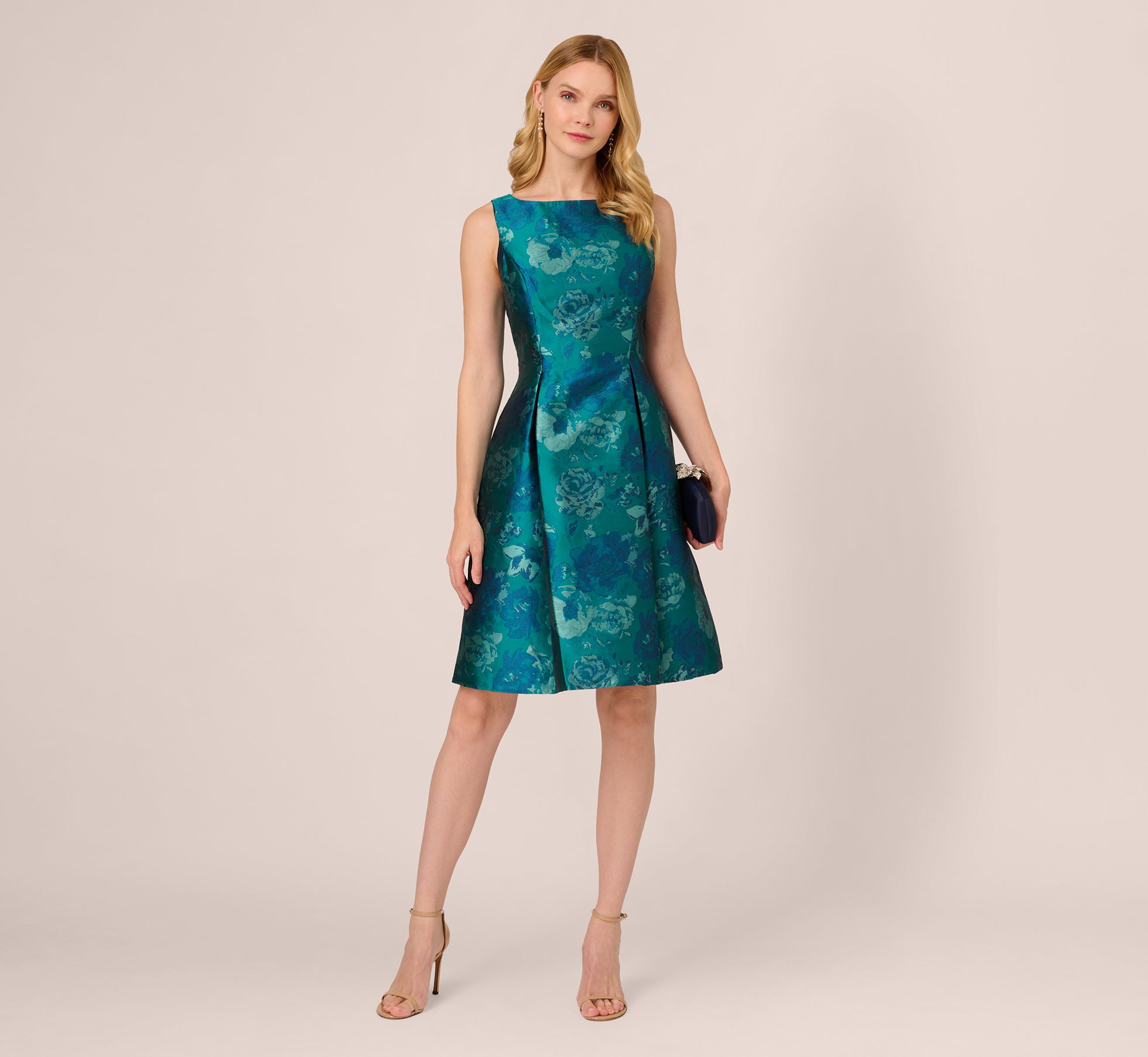 Floral Jacquard Sleeveless Midi Dress With Cutout Back In Teal