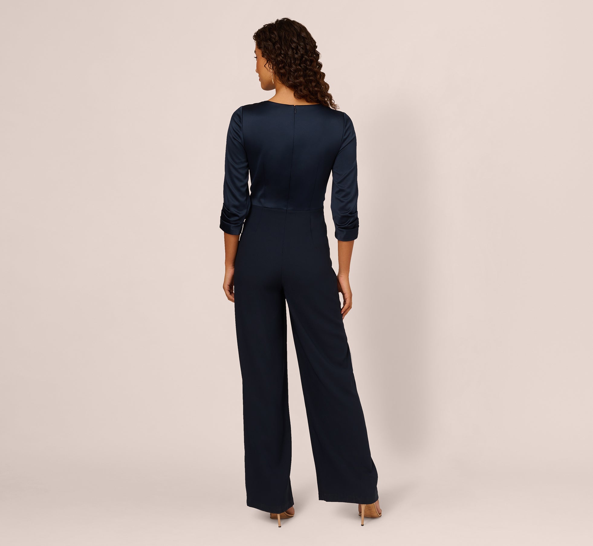 Satin Crepe Three Quarter Sleeve Jumpsuit With Buckle Waist In