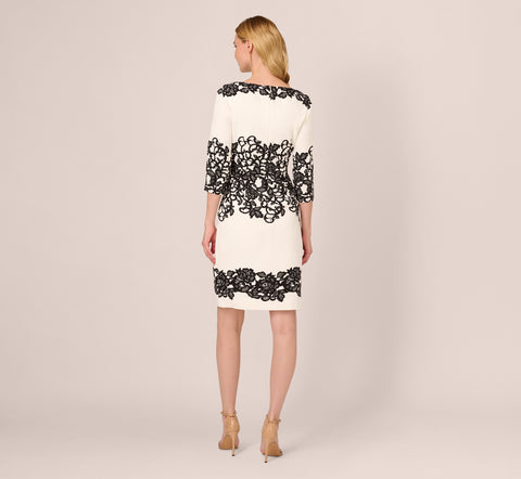 Scroll Lace Midi Dress With Three Quarter Sleeves In Ivory Black