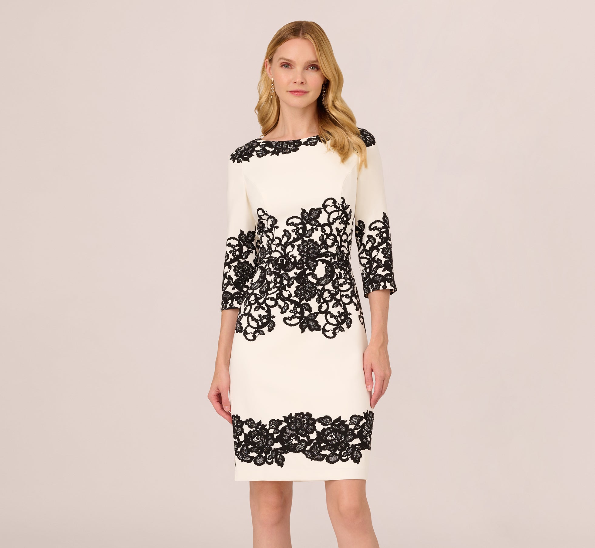 Scroll Lace Midi Dress With Three Quarter Sleeves In Ivory Black 1