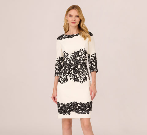 Scroll Lace Midi Dress With Three Quarter Sleeves In Ivory Black