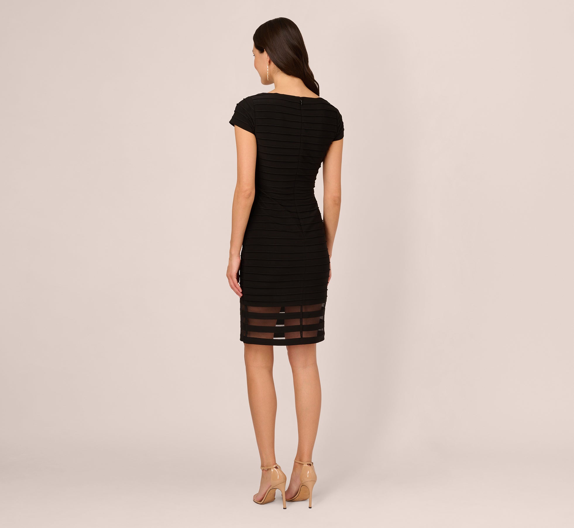 Short Sleeve Pintucked Lace Dress With V Neckline In Black