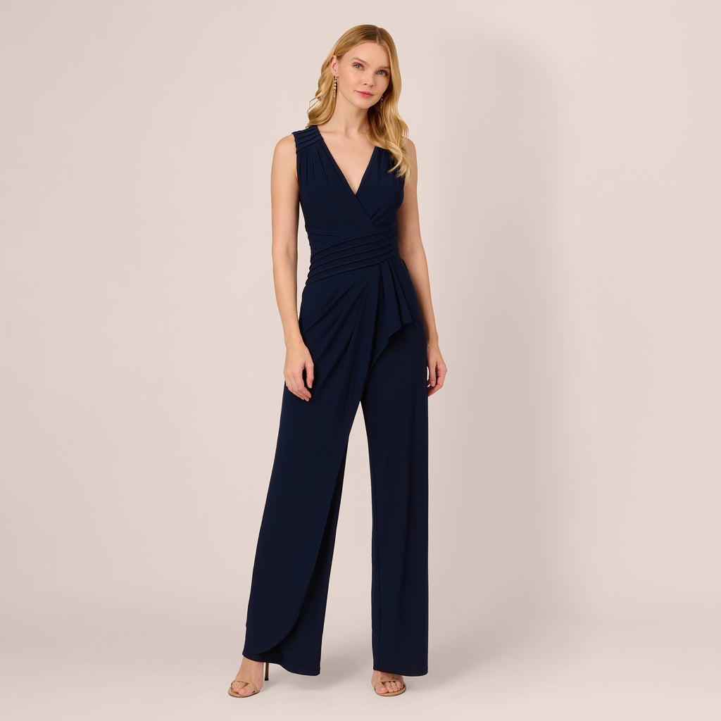 Jersey Sleeveless Pintuck Jumpsuit With Wide Legs In Midnight