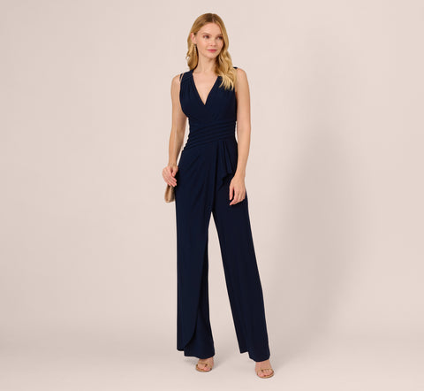 Jersey Sleeveless Pintuck Jumpsuit With Wide Legs In Midnight