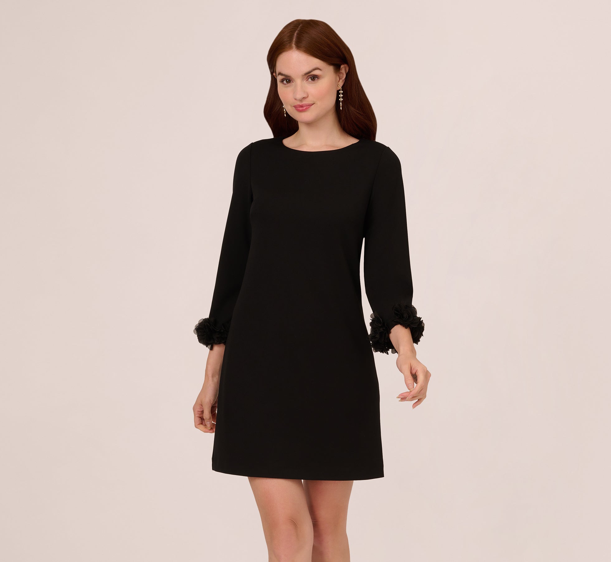 Three Quarter Sleeve Shift Dress With Floral Embellished Cuffs In Black 1