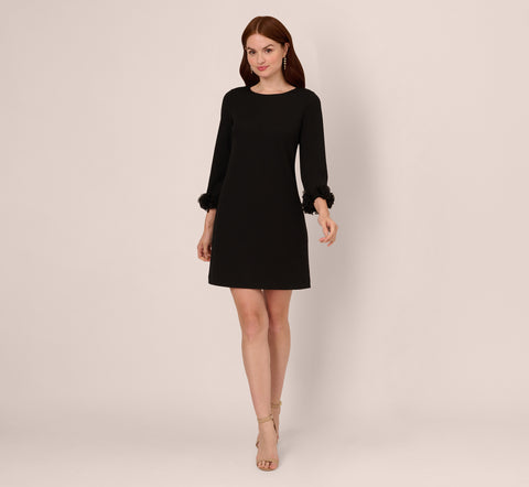 Three Quarter Sleeve Shift Dress With Floral Embellished Cuffs In Black