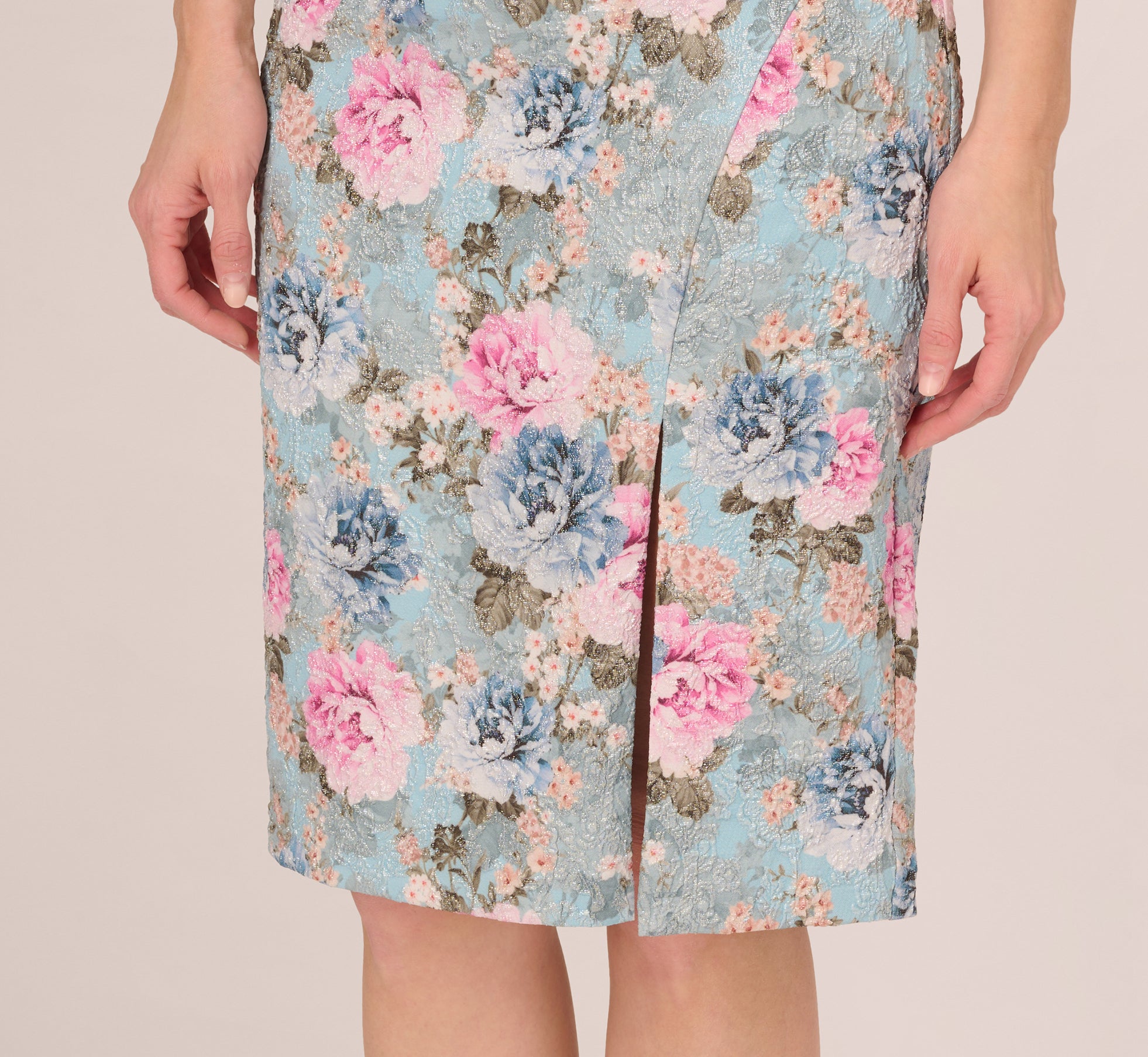 Sleeveless Floral Matelasse Dress With Draped Details In Blue