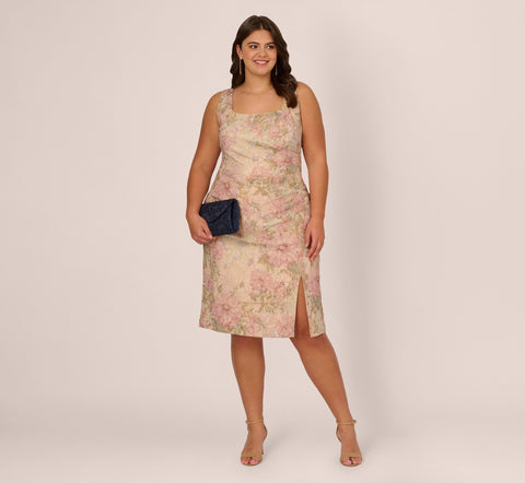 Plus Size Sleeveless Floral Matelasse Sheath Dress With Pleated Details In Rose Multi