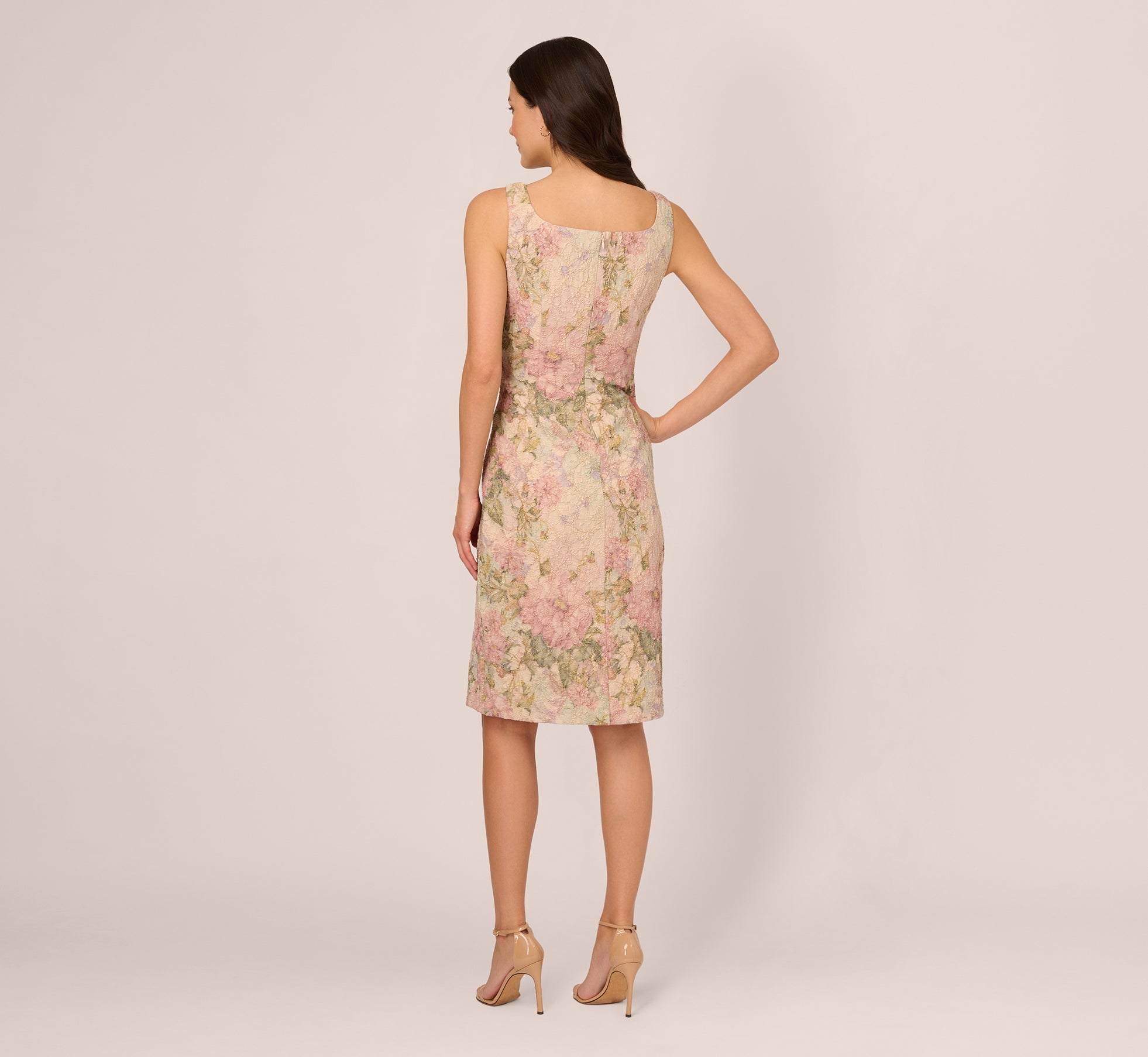 Sleeveless Floral Matelasse Sheath Dress With Pleated Details In