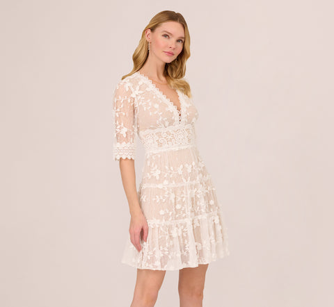 Lace Embroidered V Neck Dress With Elbow Sleeves In Ivory Nude