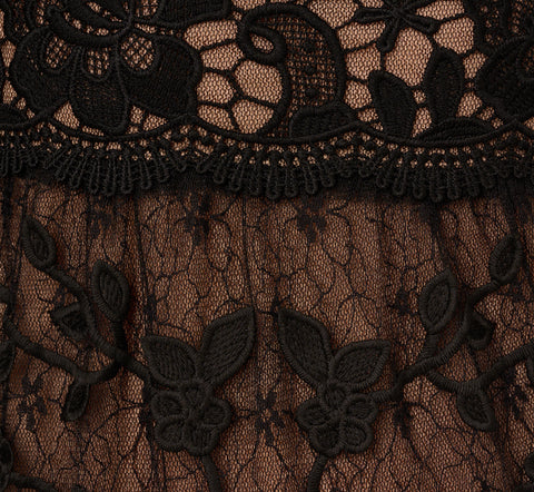 Lace Embroidered V Neck Dress With Elbow Sleeves In Black Nude