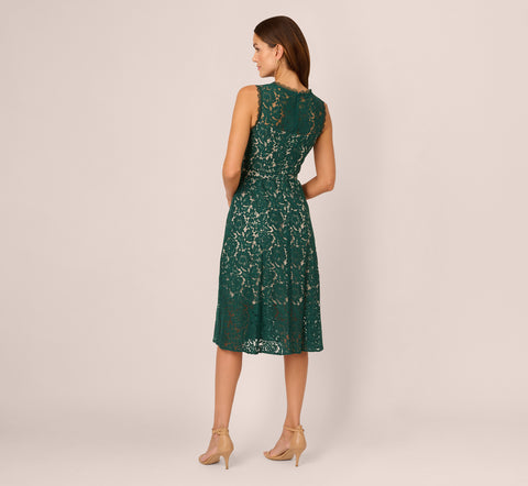 Sleeveless Lace Fit And Flare Dress With Sheer Details In Hunter