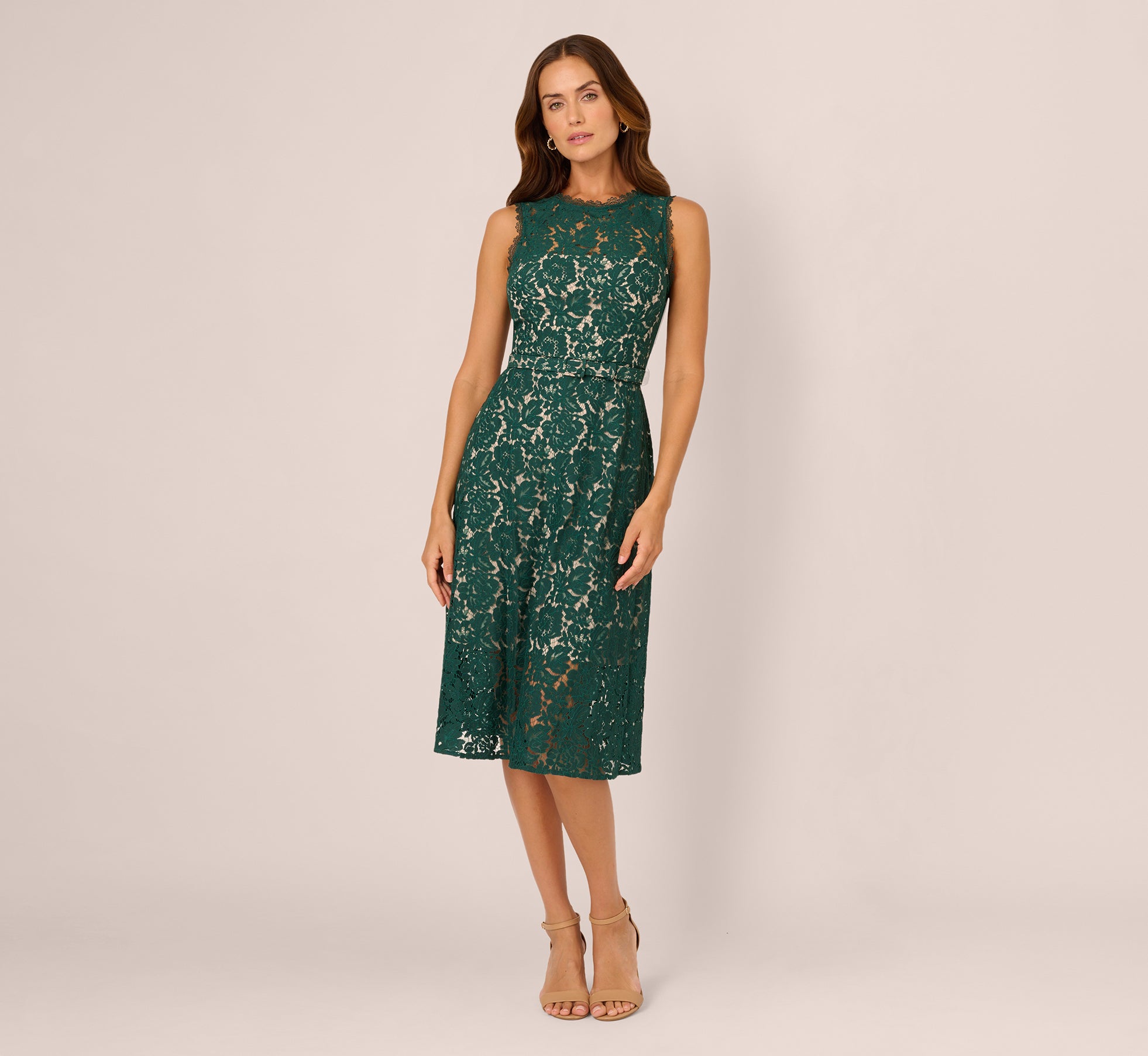 Sleeveless Lace Fit And Flare Dress With Sheer Details In Hunter 1