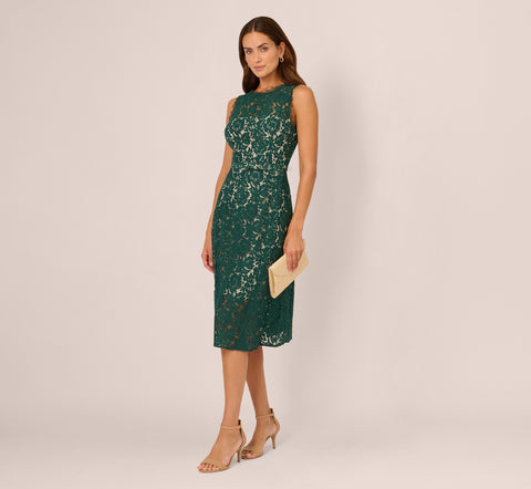 Sleeveless Lace Fit And Flare Dress With Sheer Details In Hunter