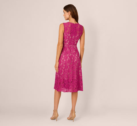 Sleeveless Lace Fit And Flare Dress With Sheer Details In Orchid