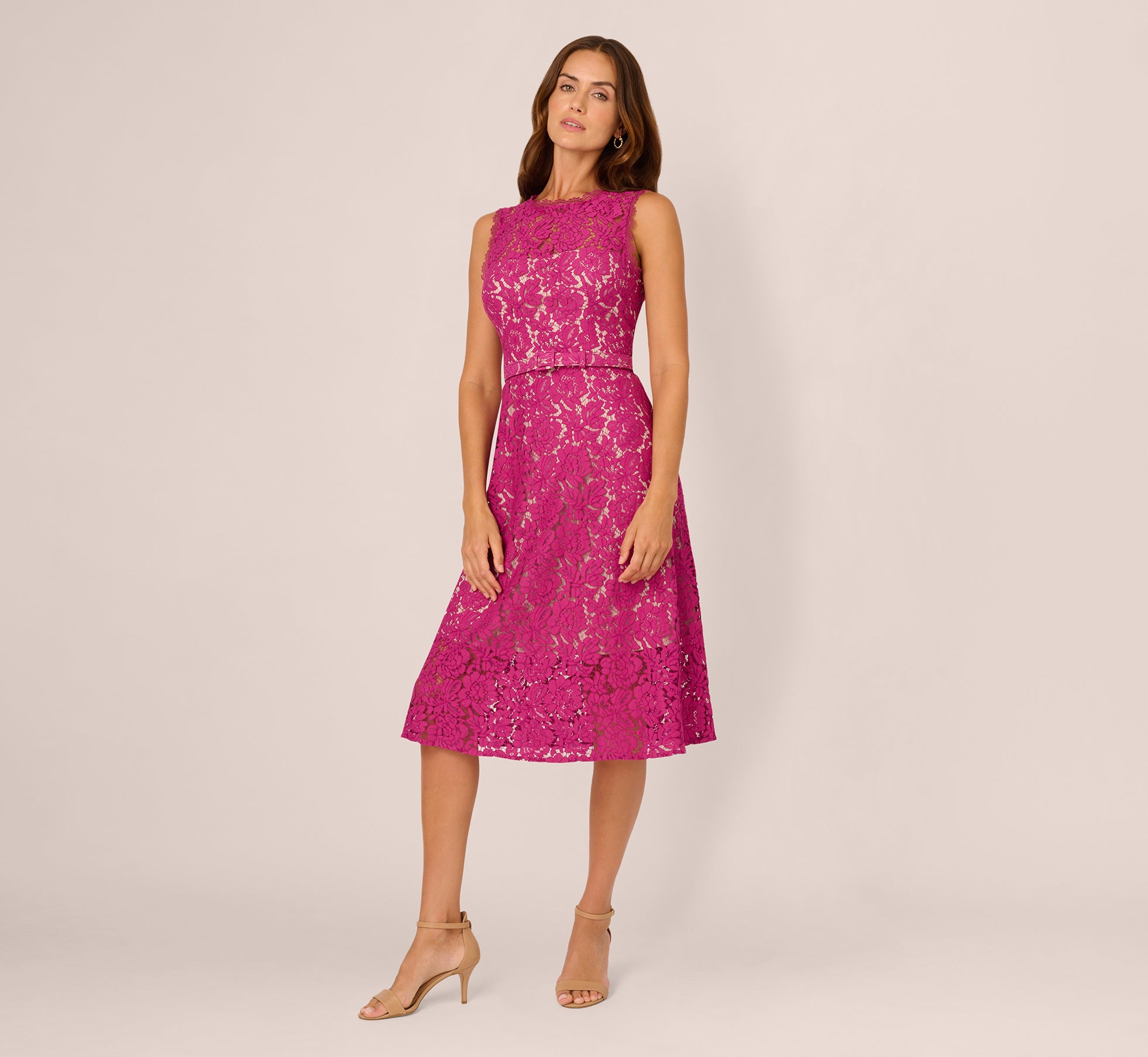 Sleeveless Lace Fit And Flare Dress With Sheer Details In Orchid 1