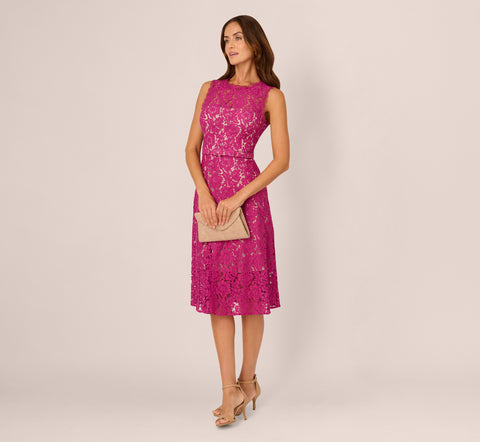 Sleeveless Lace Fit And Flare Dress With Sheer Details In Orchid