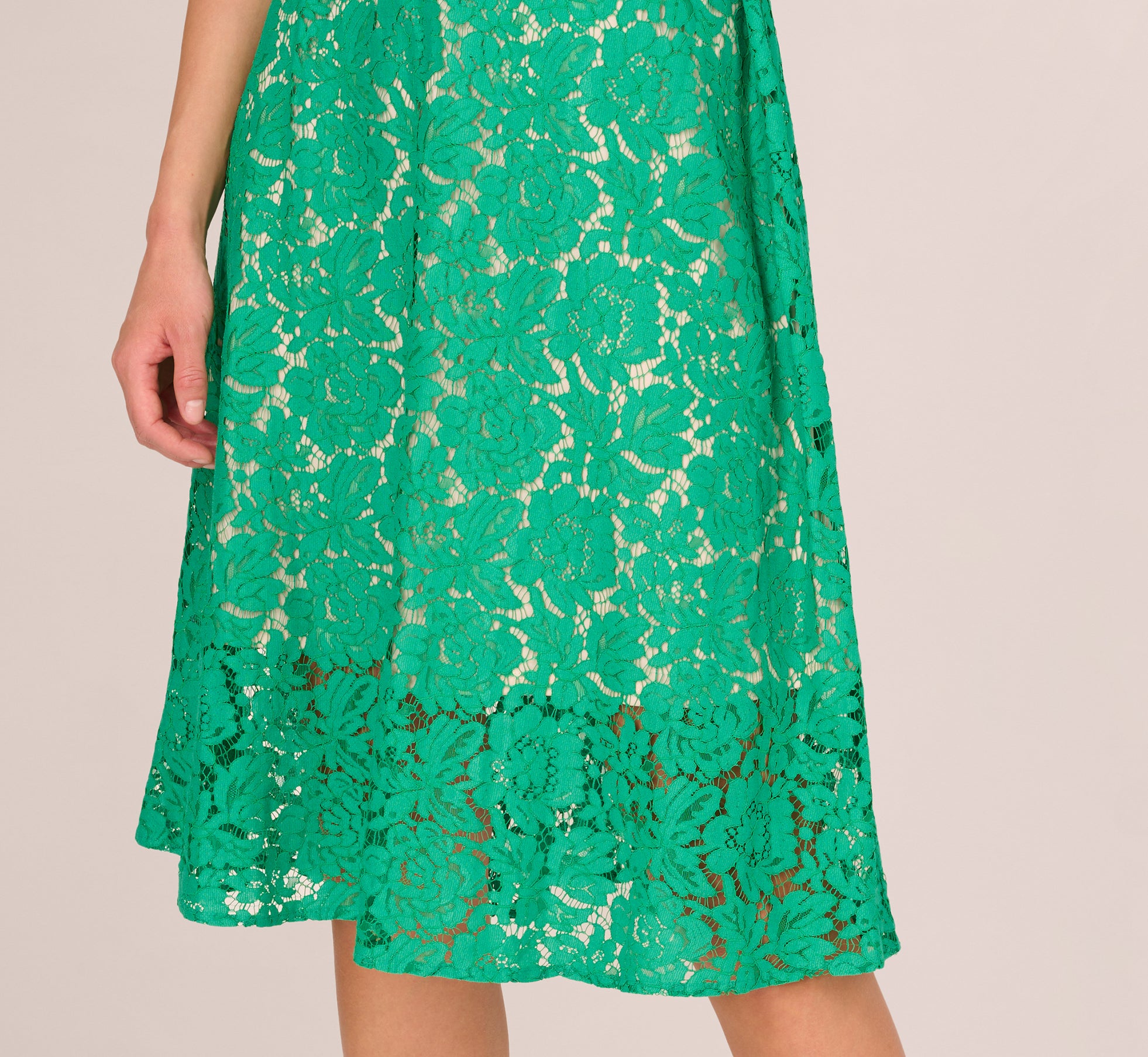 Sleeveless Lace Fit And Flare Dress With Sheer Details In Botanic