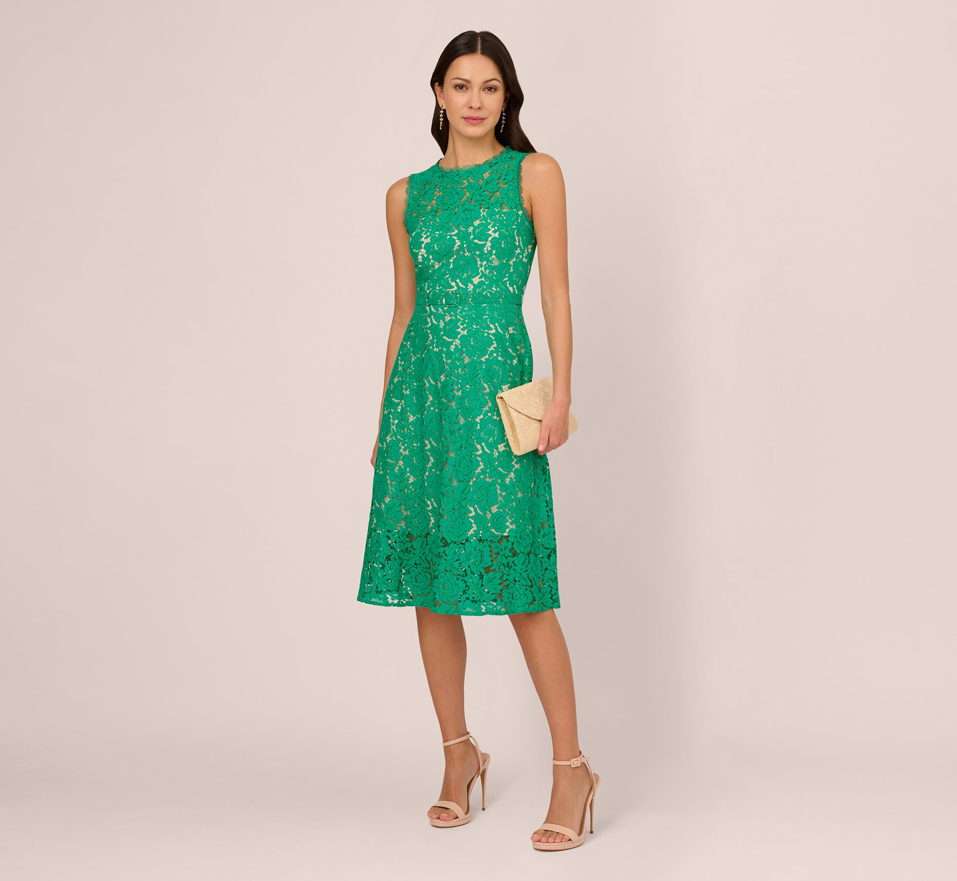 Sleeveless Lace Fit And Flare Dress With Sheer Details In Botanic