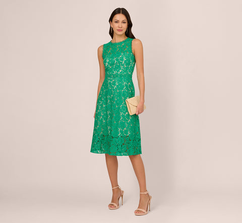 Sleeveless Lace Fit And Flare Dress With Sheer Details In Botanic Green