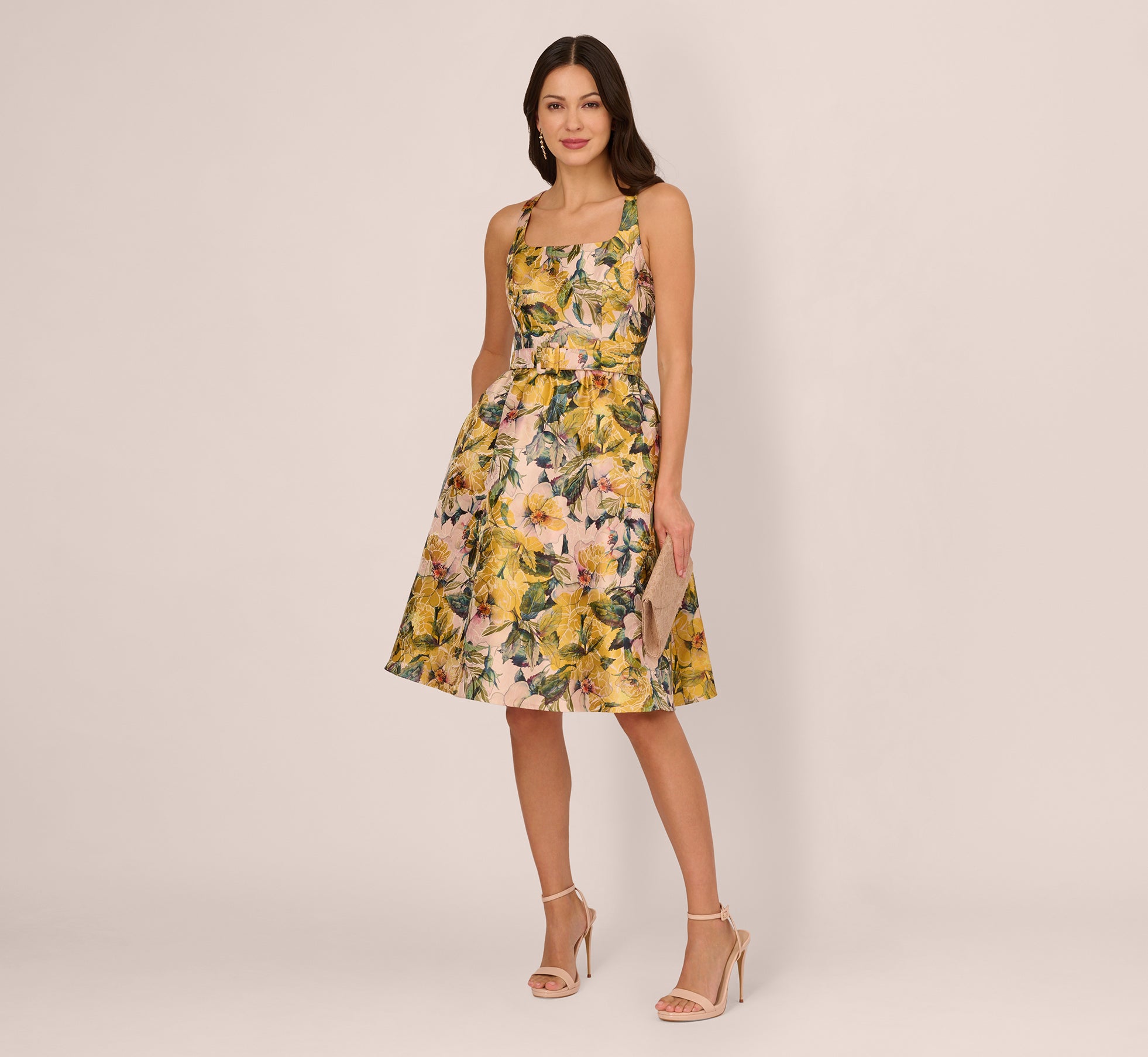 Sleeveless Floral Jacquard Fit And Flare Dress With Square