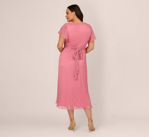 Plus Size Crinkle Mesh Midi Dress With Flutter Sleeves In Faded Rose