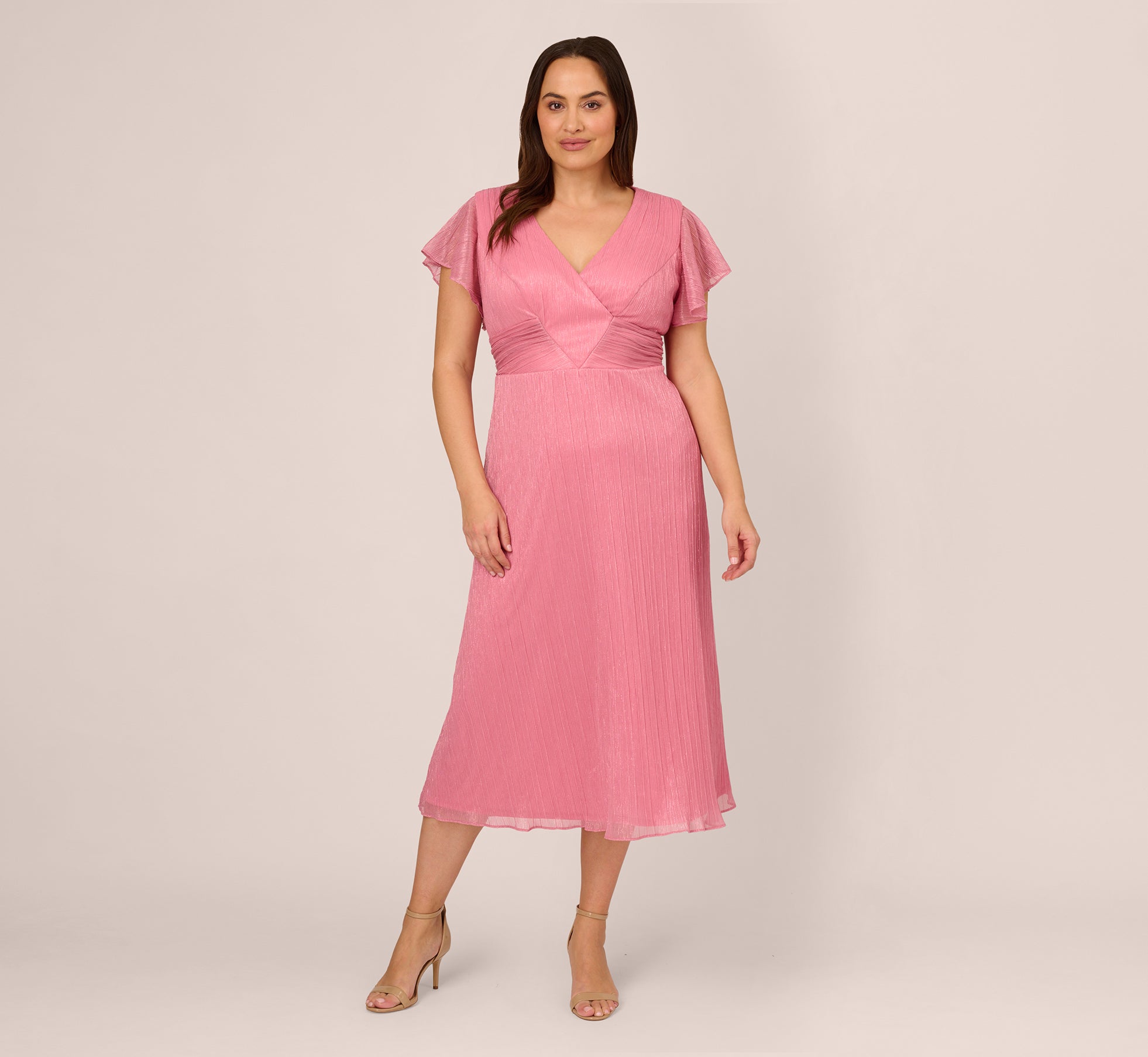 Plus Size Crinkle Mesh Midi Dress With Flutter Sleeves In Faded Rose 1