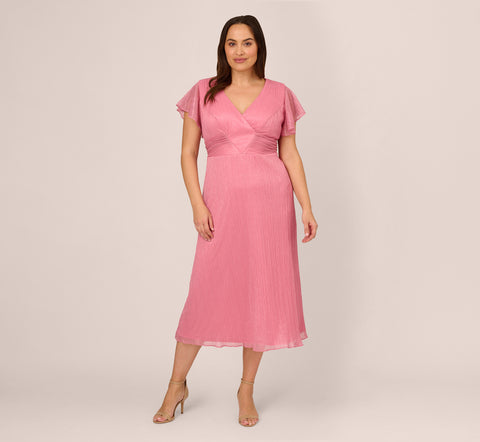 Plus Size Crinkle Mesh Midi Dress With Flutter Sleeves In Faded Rose