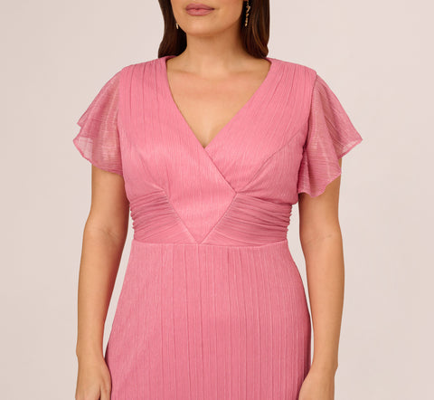 Plus Size Crinkle Mesh Midi Dress With Flutter Sleeves In Faded Rose