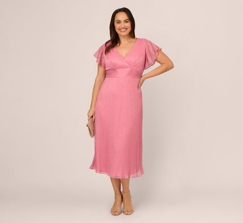 Plus Size Crinkle Mesh Midi Dress With Flutter Sleeves In Faded Rose