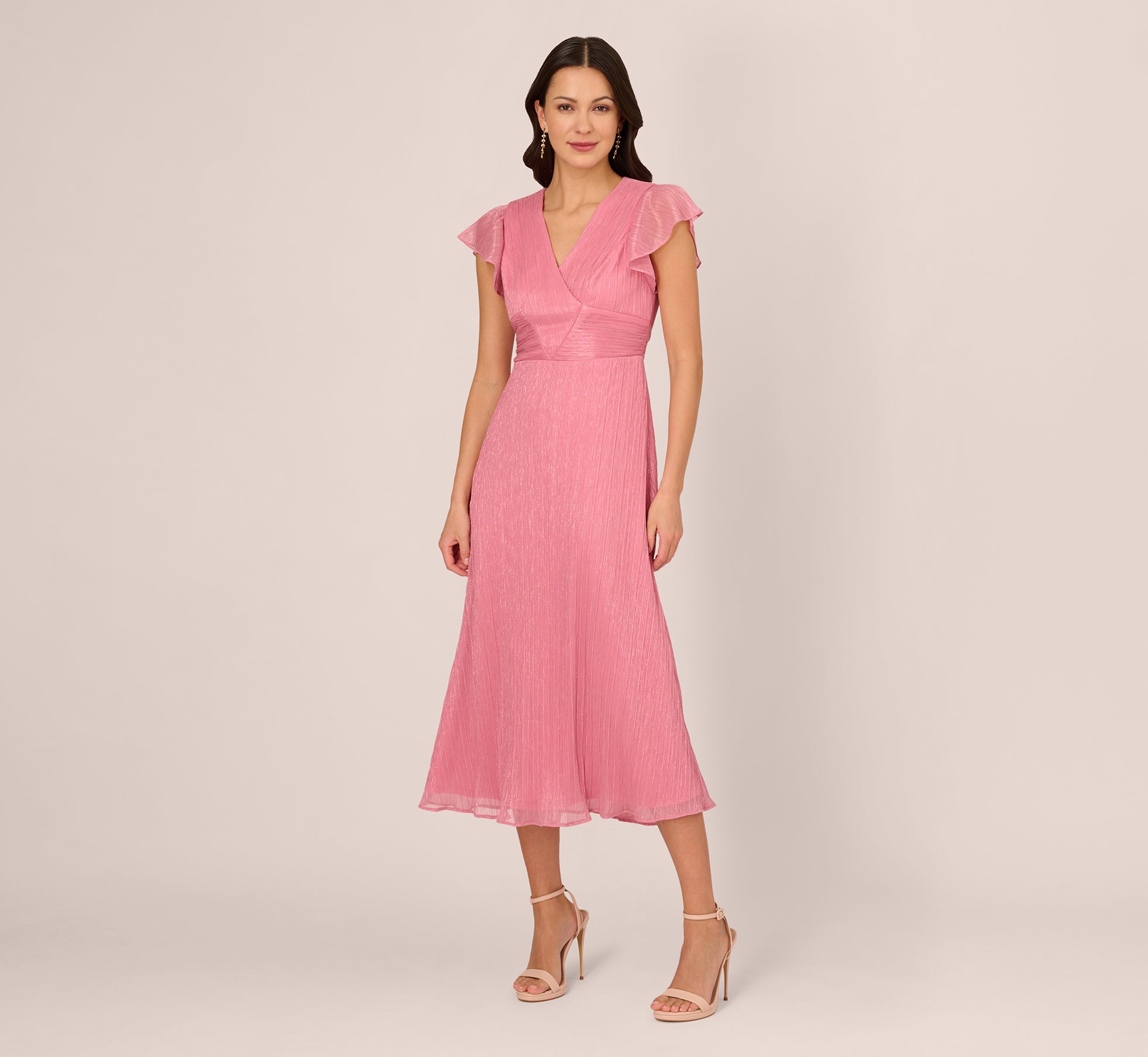 Crinkle Mesh Midi Dress With Flutter Sleeves In Faded Rose 1