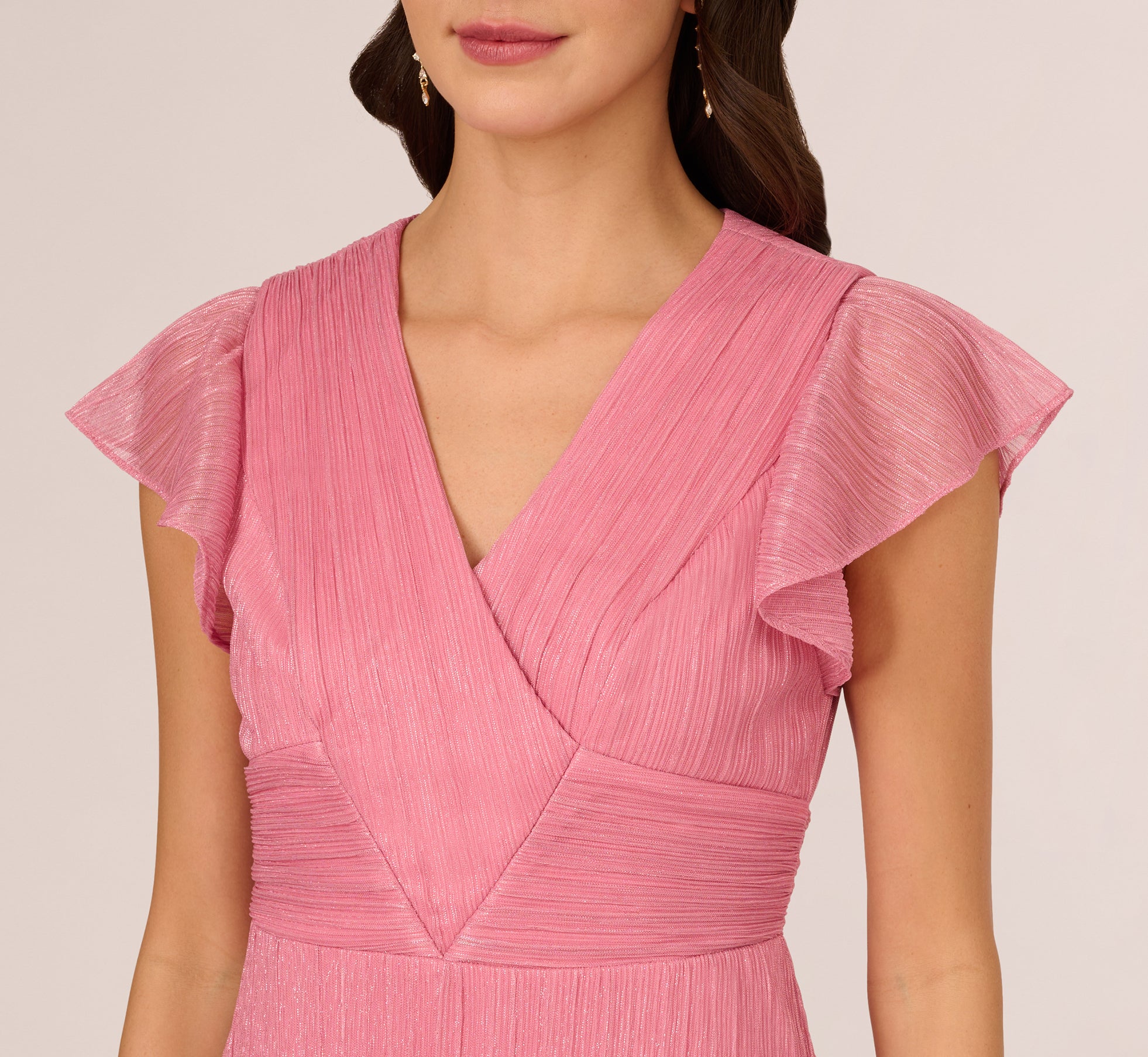 Crinkle Mesh Midi Dress With Flutter Sleeves In Faded Rose