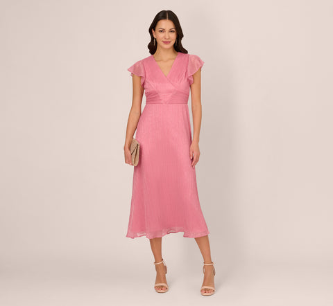 Crinkle Mesh Midi Dress With Flutter Sleeves In Faded Rose