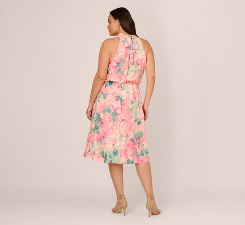 Plus Size Floral Print Chiffon Halter Dress With Mock Neck In Blush Multi